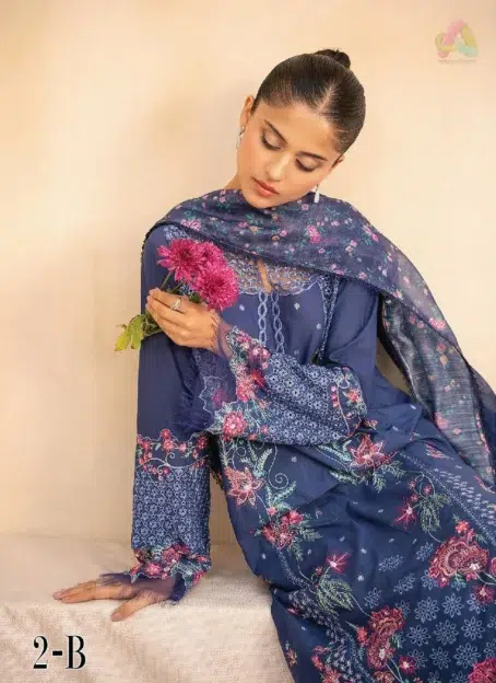 Close-up of Jahaan by Rajbari Taliah 2-B intricate embroidery and organza neckline from the Rajbari collection 2025 premium lawn range.