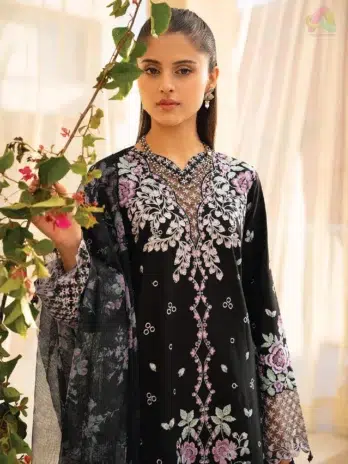 Close-up of detailed embroidery on the front neckline and sleeves of Jahaan by Rajbari Vera 1-A, from Rajbari Fabrics