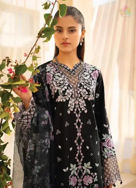 Close-up of detailed embroidery on the front neckline and sleeves of Jahaan by Rajbari Vera 1-A, from Rajbari Fabrics