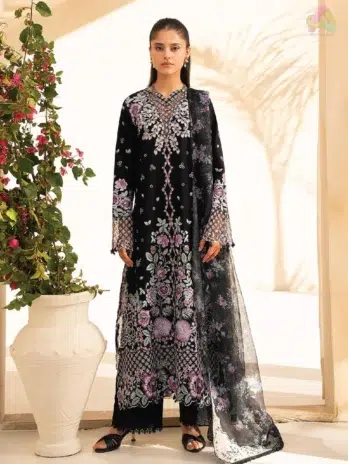 Front view of Jahaan by Rajbari Vera 1-A featuring embroidered center panel and neckline, from Rajbari lawn collection 2025.