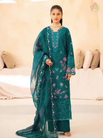 Jahaan by Rajbari Zara 3-A embroidered front panel with organza neckline, premium lawn fabric, and elegant detailing from Rajbari New Collection 2025