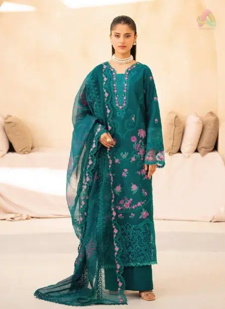Jahaan by Rajbari Zara 3-A embroidered front panel with organza neckline, premium lawn fabric, and elegant detailing from Rajbari New Collection 2025
