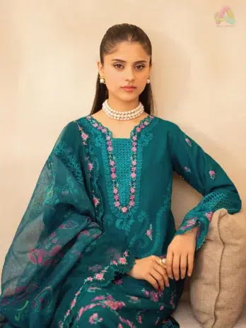 Close-up of Jahaan by Rajbari Zara 3-A intricate embroidery, organza neckline, and shirt motifs from the Rajbari collection 2025 premium lawn range