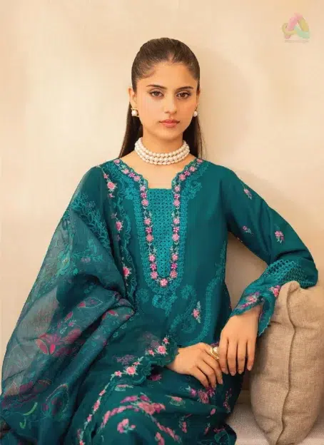 Close-up of Jahaan by Rajbari Zara 3-A intricate embroidery, organza neckline, and shirt motifs from the Rajbari collection 2025 premium lawn range