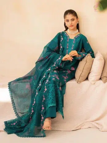 Full 3-piece look of Jahaan by Rajbari Zara 3-A with embroidered panels, printed dupatta, and hem border from Rajbari lawn collection 2025