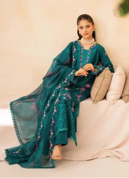 Full 3-piece look of Jahaan by Rajbari Zara 3-A with embroidered panels, printed dupatta, and hem border from Rajbari lawn collection 2025