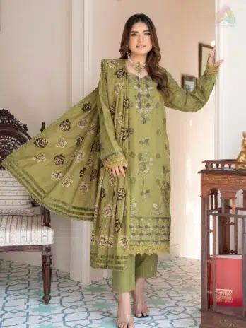 Front view of Jugnoo By Riaz Arts Vol 2 D-01 luxury Dhanak suit featuring embroidered shirt, wool shawl, and plain trouser.