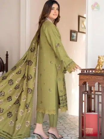 Back view of Jugnoo By Riaz Arts Vol 2 D-01 embroidered Dhanak suit styled with printed wool shawl and matching trouser.