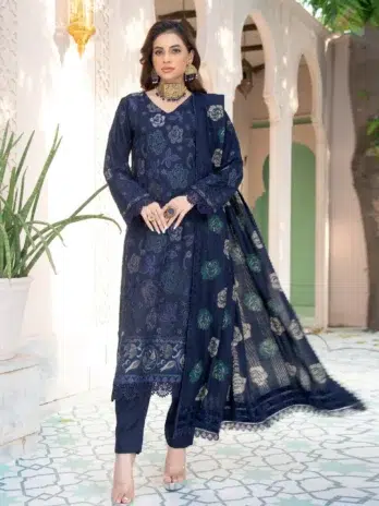 Front view of Jugnoo By Riaz Arts Vol 2 D-02, showcasing embroidered Dhanak shirt with elegant detailing from the Riaz Arts Dhanak Collection.