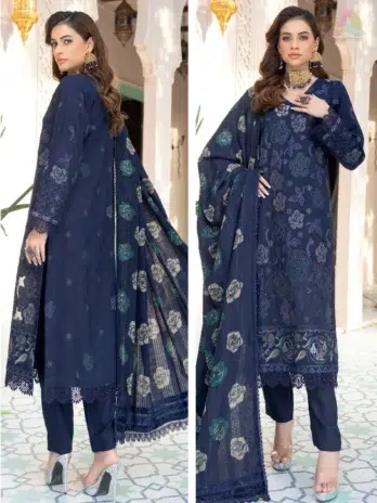 Back view of Jugnoo By Riaz Arts Vol 2 D-02, highlighting fine craftsmanship in Dhanak fabric from Riaz Arts clothing winter collection 2025.