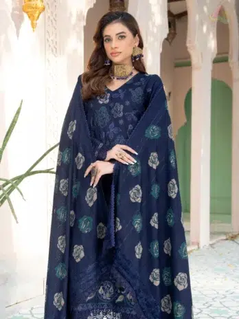 Close-up of Jugnoo By Riaz Arts Vol 2 D-02 embroidery and hand print detailing, reflecting quality work from Riaz Arts Fabrics and New Collection.