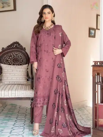 Front view of Jugnoo By Riaz Arts Vol 2 D-03 featuring embroidered Dhanak shirt, wool shawl, and plain trouser from Riaz Arts clothing.