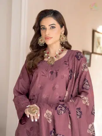 Close-up of Jugnoo By Riaz Arts Vol 2 D-03 highlighting luxury embroidery on Dhanak fabric and hand-printed wool shawl details.