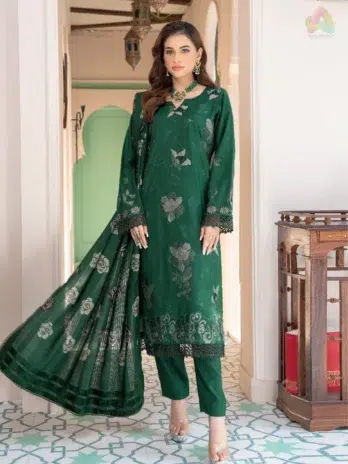 Front view of Jugnoo By Riaz Arts Vol 2 D-04 luxury embroidered Dhanak shirt with hand print wool shawl and plain trouser.