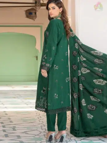 Back view of Jugnoo By Riaz Arts Vol 2 D-04 embroidered Dhanak shirt showcasing fine details, paired with plain trouser and wool shawl.