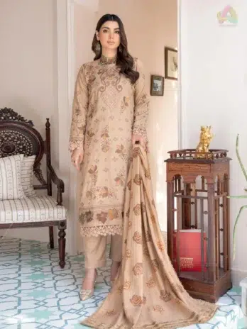 Front view of Jugnoo By Riaz Arts Vol 2 D-05 featuring luxury embroidered Dhanak shirt with detailed neckline and elegant seasonal finish.