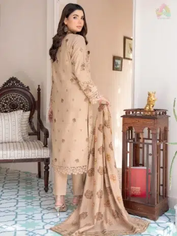 Back design of Jugnoo By Riaz Arts Vol 2 D-05 showing embroidered details and premium Dhanak fabric craftsmanship from Riaz Arts fabrics.