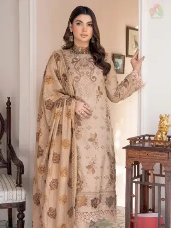 Close-up embroidery of Jugnoo By Riaz Arts Vol 2 D-05 highlighting intricate threadwork and fabric texture from Riaz Arts Dhanak Collection.