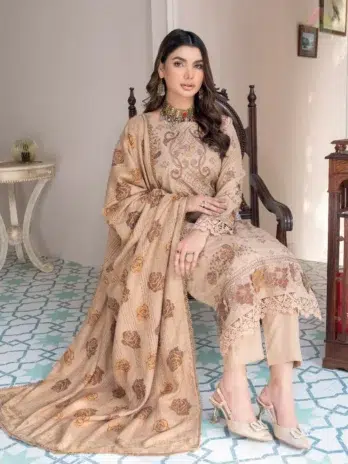 Full outfit of Jugnoo By Riaz Arts Vol 2 D-05 complete 3-piece suit with embroidered Dhanak shirt, hand print wool shawl, and plain trouser.