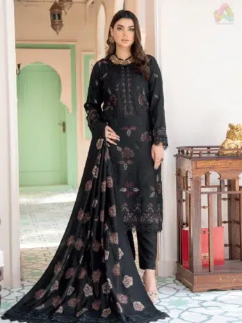 Front view of Jugnoo By Riaz Arts Vol 2 D-06 luxury embroidered Dhanak shirt with hand-printed wool shawl and plain trouser.