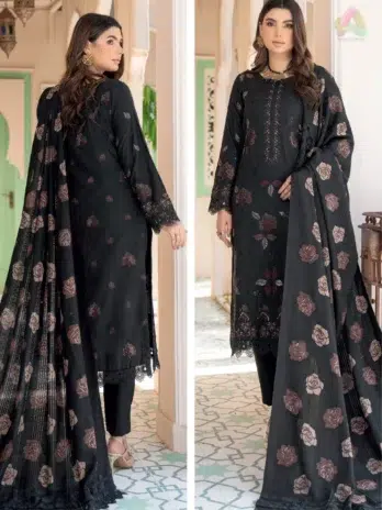 Back view of Jugnoo By Riaz Arts Vol 2 D-06, showcasing detailed embroidery on premium Dhanak fabric with matching plain trouser.