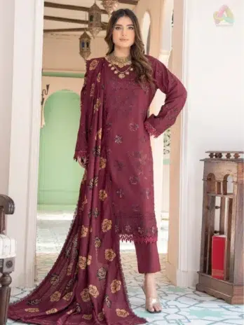 Front view of Jugnoo By Riaz Arts Vol 2 D-07, embroidered Dhanak shirt with printed wool shawl and plain trouser.