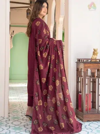 Back design of Jugnoo By Riaz Arts Vol 2 D-07 luxury Dhanak suit, highlighting fabric quality and shawl print details.