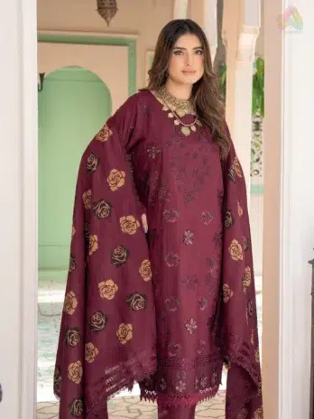 Close-up of embroidered Dhanak shirt from Jugnoo By Riaz Arts Vol 2 D-07, showcasing fine stitching and premium fabric.