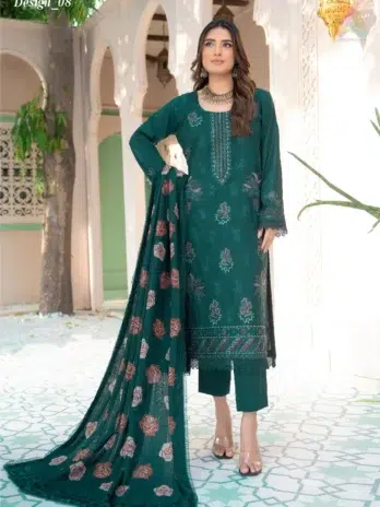 Front view of Jugnoo By Riaz Arts Vol 2 D-08, embroidered Dhanak shirt with elegant detailing, styled with hand print wool shawl.