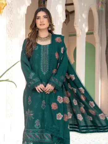 Close-up of Jugnoo By Riaz Arts Vol 2 D-08, highlighting fine embroidery on luxury Dhanak shirt from Riaz Arts fabrics collection.