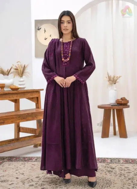 Libaas By Mahay ART-01 showcasing Faincy Zari Jacquard Shirt with intricate details, part of the elegant Mahay Velvet Collection 2025.