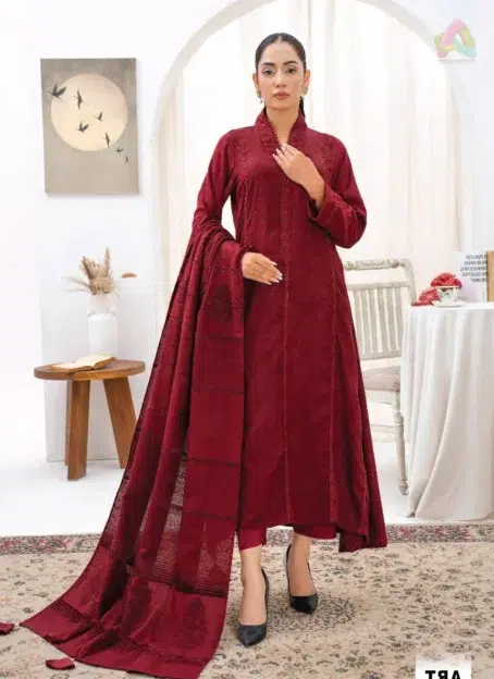 Front view of Libaas By Mahay ART-02 showcasing Faincy Zari Jacquard Shirt with detailed embroidery from the Mahay Velvet Collection.