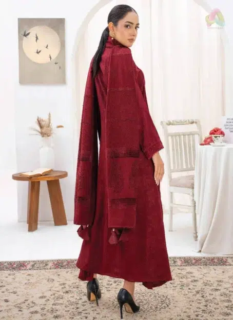Back view of Libaas By Mahay ART-02 highlighting the fine tailoring, velvet texture, and elegant design from Mahay Fabrics new collection