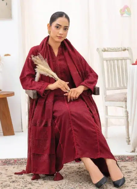 Complete look of Libaas By Mahay ART-02 3-piece velvet suit with jacquard shirt, velvet shawl, and plain trouser from Mahay Collection 2025