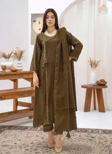 Front view of Libaas By Mahay ART-03 showcasing Zari jacquard shirt with velvet shawl and plain dyed trouser from Mahay Velvet Collection.