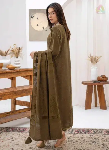 Back view of Libaas By Mahay ART-03 highlighting elegant velvet jacquard shawl design paired with plain dyed trouser from Mahay clothing.