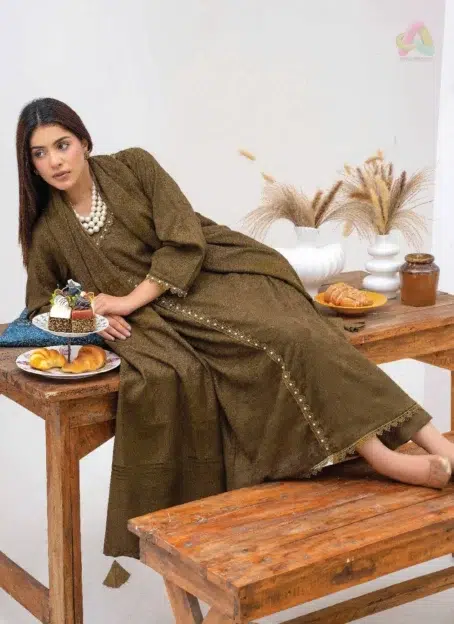 Full view of Libaas By Mahay ART-03 3-piece suit including Zari jacquard shirt, velvet shawl, and trouser from Mahay Velvet Collection.