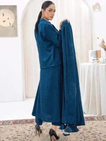 Back view of Libaas By Mahay ART-05, highlighting detailed jacquard patterns and premium velvet shawl from Mahay clothing line.