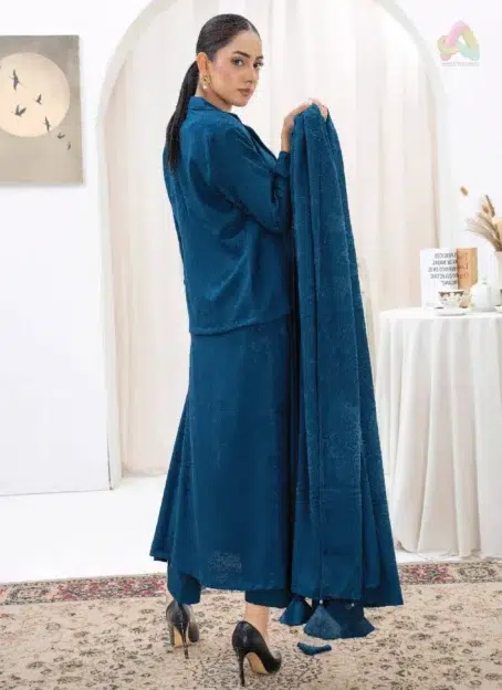Back view of Libaas By Mahay ART-05, highlighting detailed jacquard patterns and premium velvet shawl from Mahay clothing line.