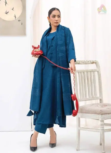 Full outfit display of Libaas By Mahay ART-05, a velvet jacquard 3-piece suit from Mahay New Collection 2025.