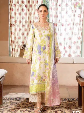 Front view of Mahi Nur by Brenish Vol 1 D-01 showcasing digital printed lawn shirt with organza embroidery and elegant festive design.