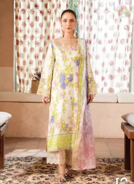Front view of Mahi Nur by Brenish Vol 1 D-01 showcasing digital printed lawn shirt with organza embroidery and elegant festive design.