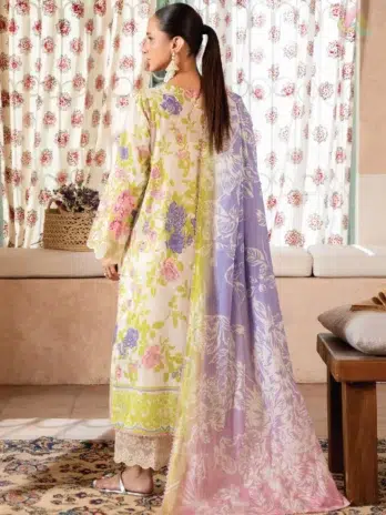 Back side of Mahi Nur by Brenish Vol 1 D-01 featuring digital printed lawn design with vibrant detailing and premium Brenish lawn fabric.