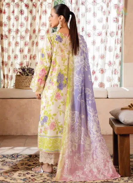 Back side of Mahi Nur by Brenish Vol 1 D-01 featuring digital printed lawn design with vibrant detailing and premium Brenish lawn fabric.
