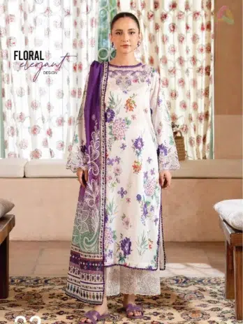 Mahi Nur by Brenish Vol 1 D-02 front view, digital printed lawn shirt with elegant design and embroidered organza bazu lace detailing.