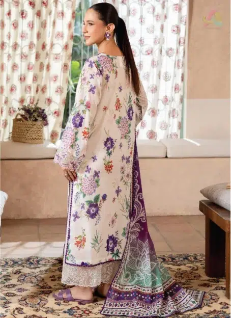 Back side of Mahi Nur by Brenish Vol 1 D-02, featuring digital printed lawn with intricate patterns and refined Brenish fabrics detailing.