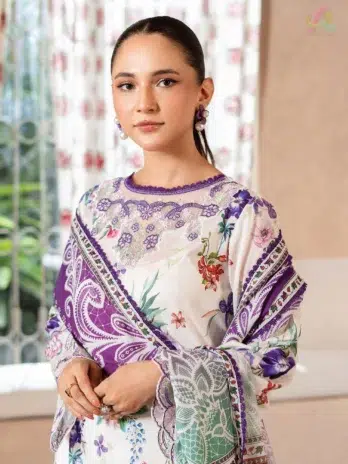 Close-up of Mahi Nur by Brenish Vol 1 D-02 showing embroidered organza lace, digital printed sleeves, and premium Brenish lawn fabric texture.