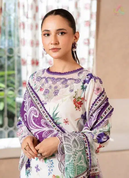 Close-up of Mahi Nur by Brenish Vol 1 D-02 showing embroidered organza lace, digital printed sleeves, and premium Brenish lawn fabric texture.
