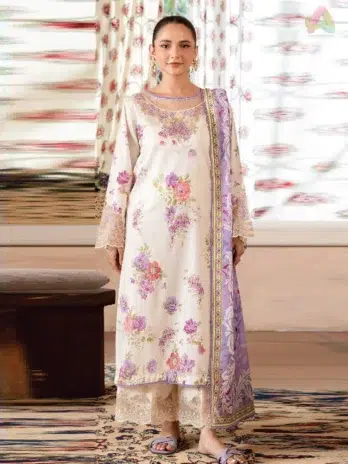 Front view of Mahi Nur by Brenish Vol 1 D-03, showcasing digital printed lawn shirt with embroidered organza lace for elegant summer wear.