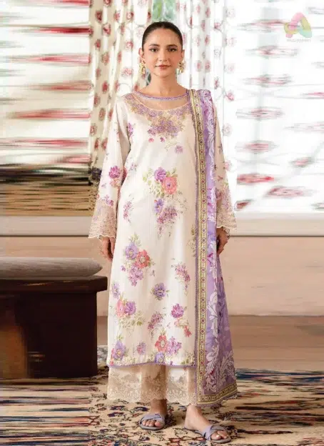 Front view of Mahi Nur by Brenish Vol 1 D-03, showcasing digital printed lawn shirt with embroidered organza lace for elegant summer wear.